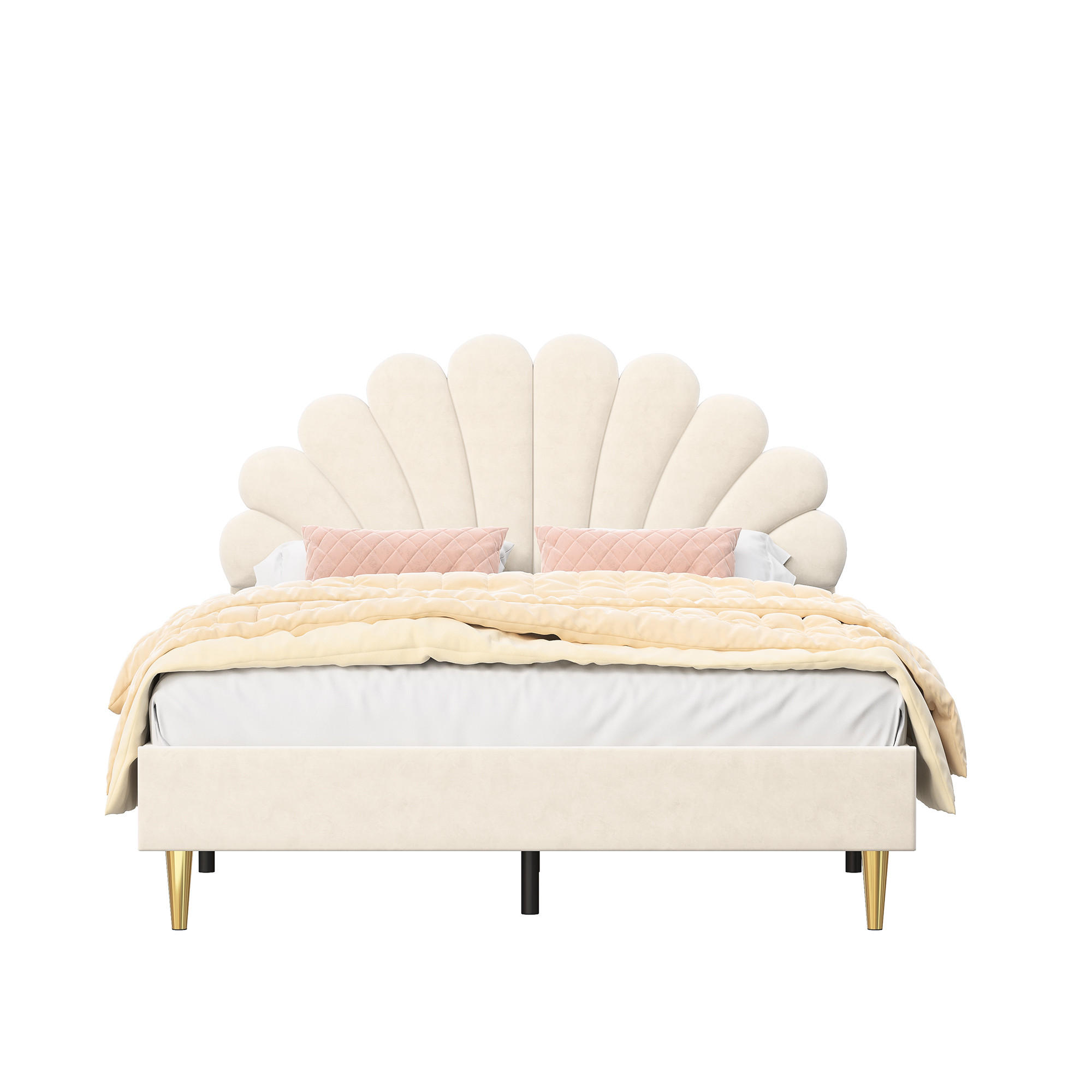 POLSTERBETT 140x200 cm Blumen Kopfteil Lattenrost Samt Beige - Beige, Metall (140/200cm)