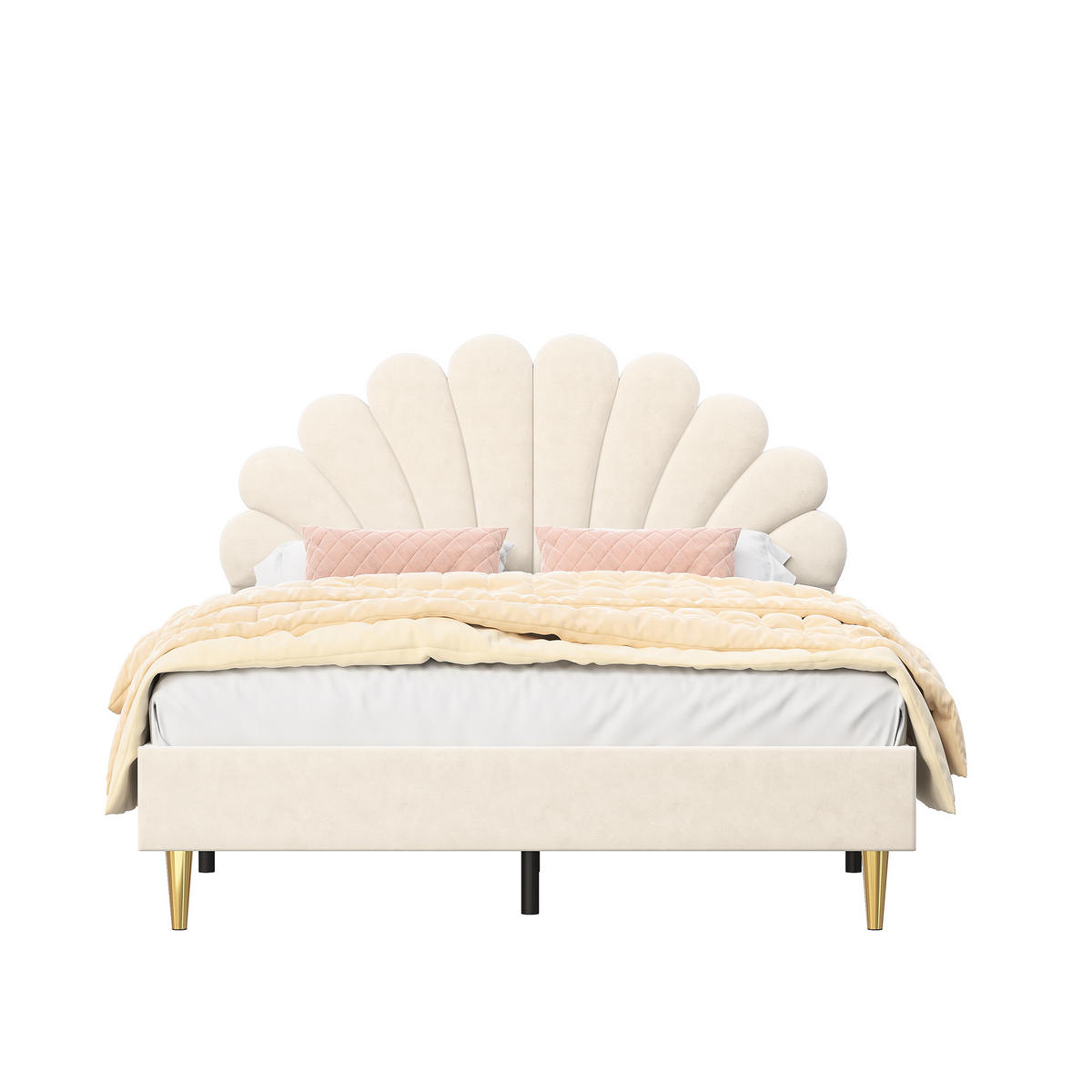 POLSTERBETT 140x200 cm, Blumenform-Kopfteil, Samt - Beige, Textil/Metall (140/200cm)