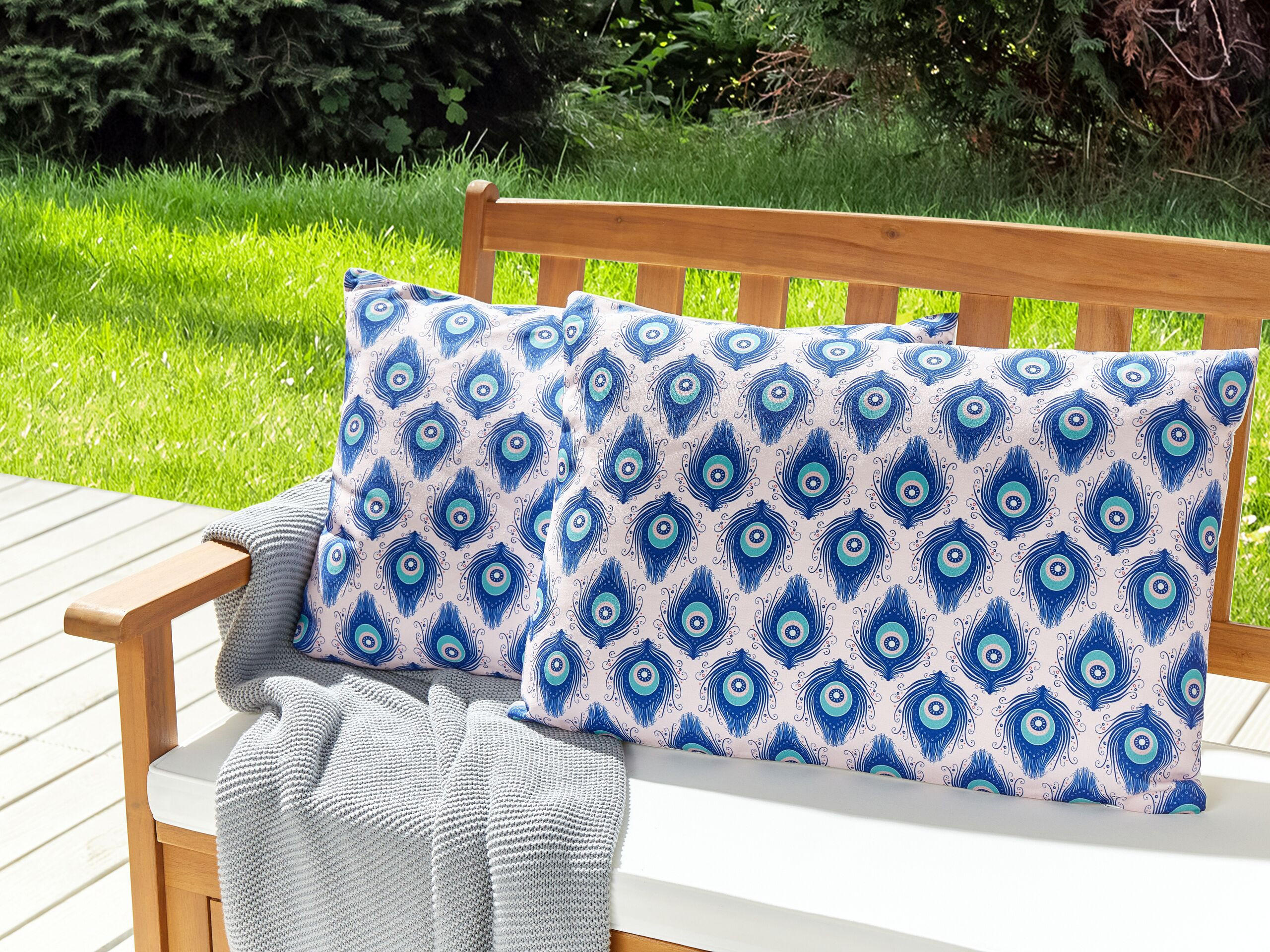OUTDOOR-KISSEN 2er-Set Pfauenmuster blau/rosa 40/60 cm Ceriana - Blau, Textil (40/60cm) - Beliani