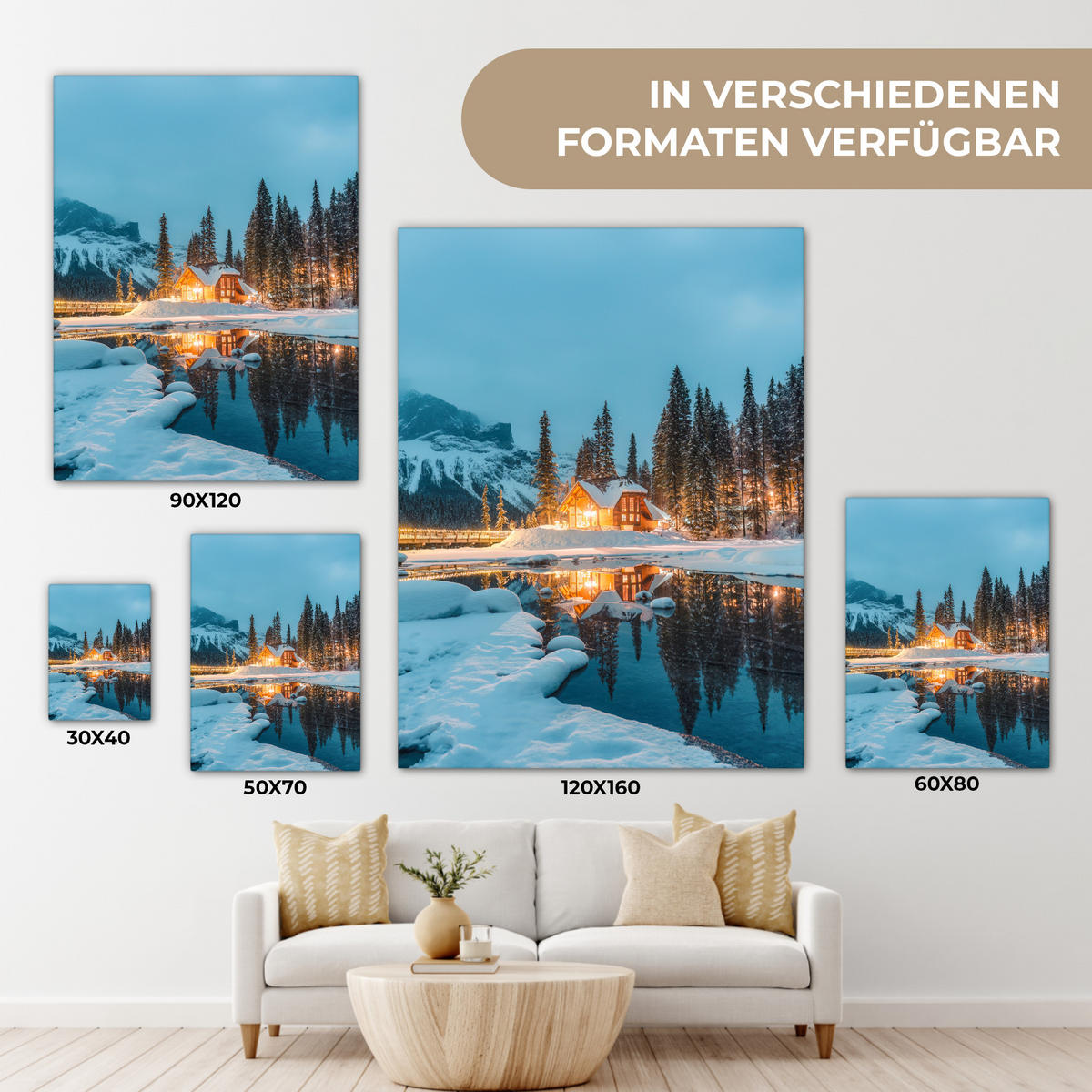 LEINWANDBILD Winterlandschaft - Natur - Haus - Berge - Schnee 60x80 cm - Hellblau, Textil (60/80cm) - MuchoWow