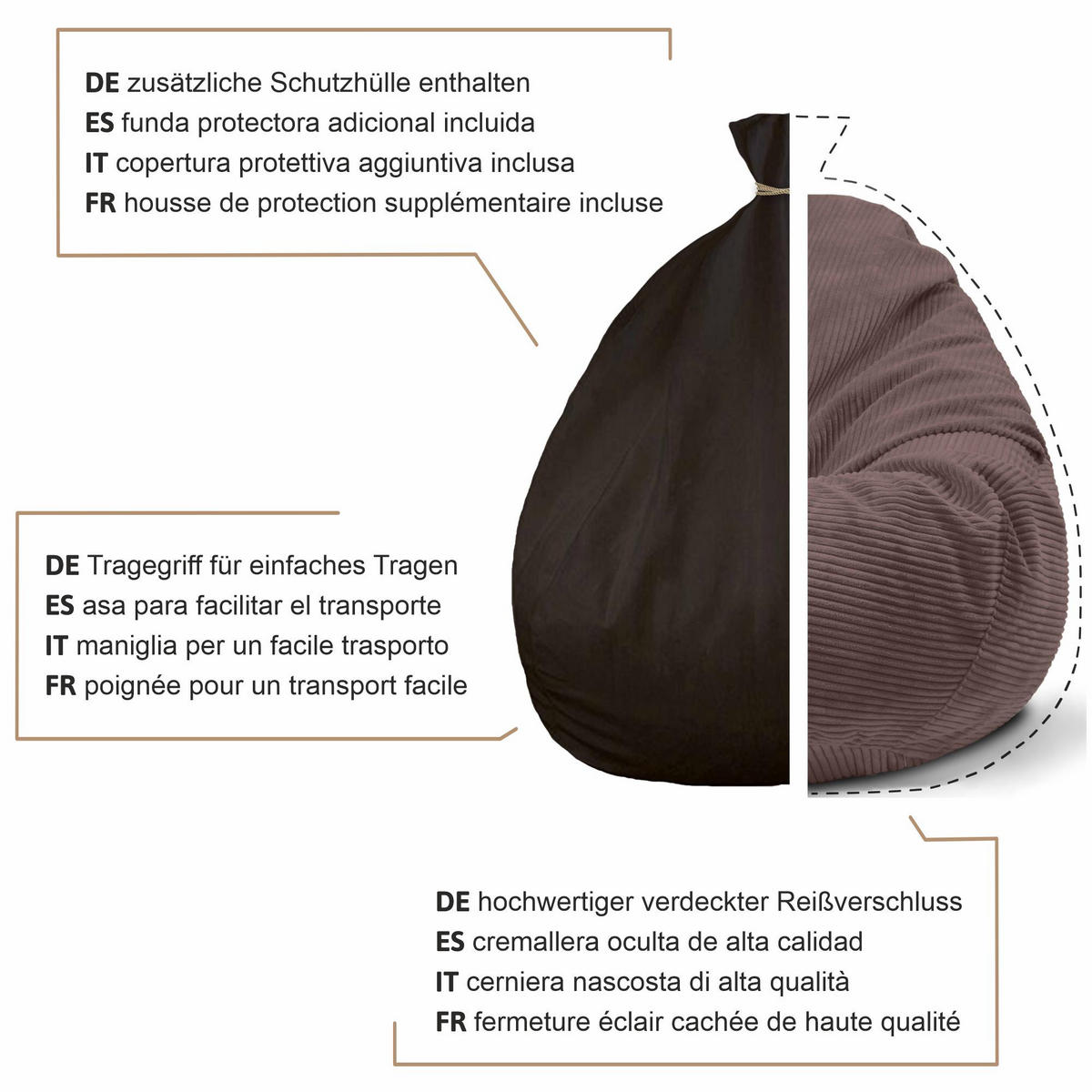SITZSACK PARADISE MIT FUßSTÜTZE Kordsamt 2-tlg Roasted Cocoa M - Dunkelbraun/Braun, Textil (90/100/90cm) - Dreamroots