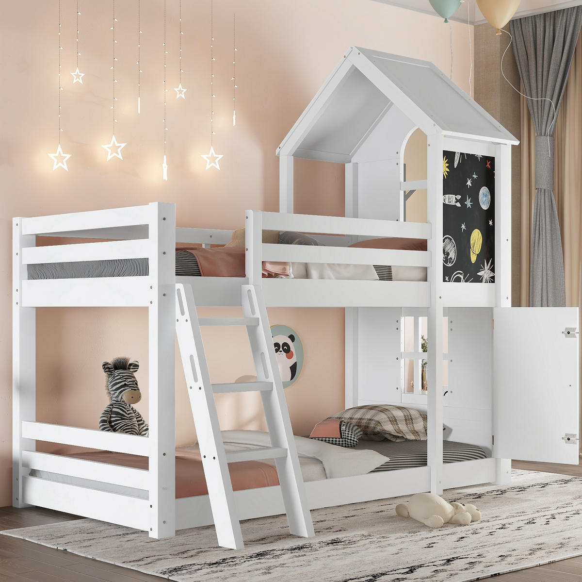 HAUSBETT 90/200 cm in Weiß mit Dach, Tafel und schräger Leiter - Weiß, Holzwerkstoff (90/200cm) - BEAOK