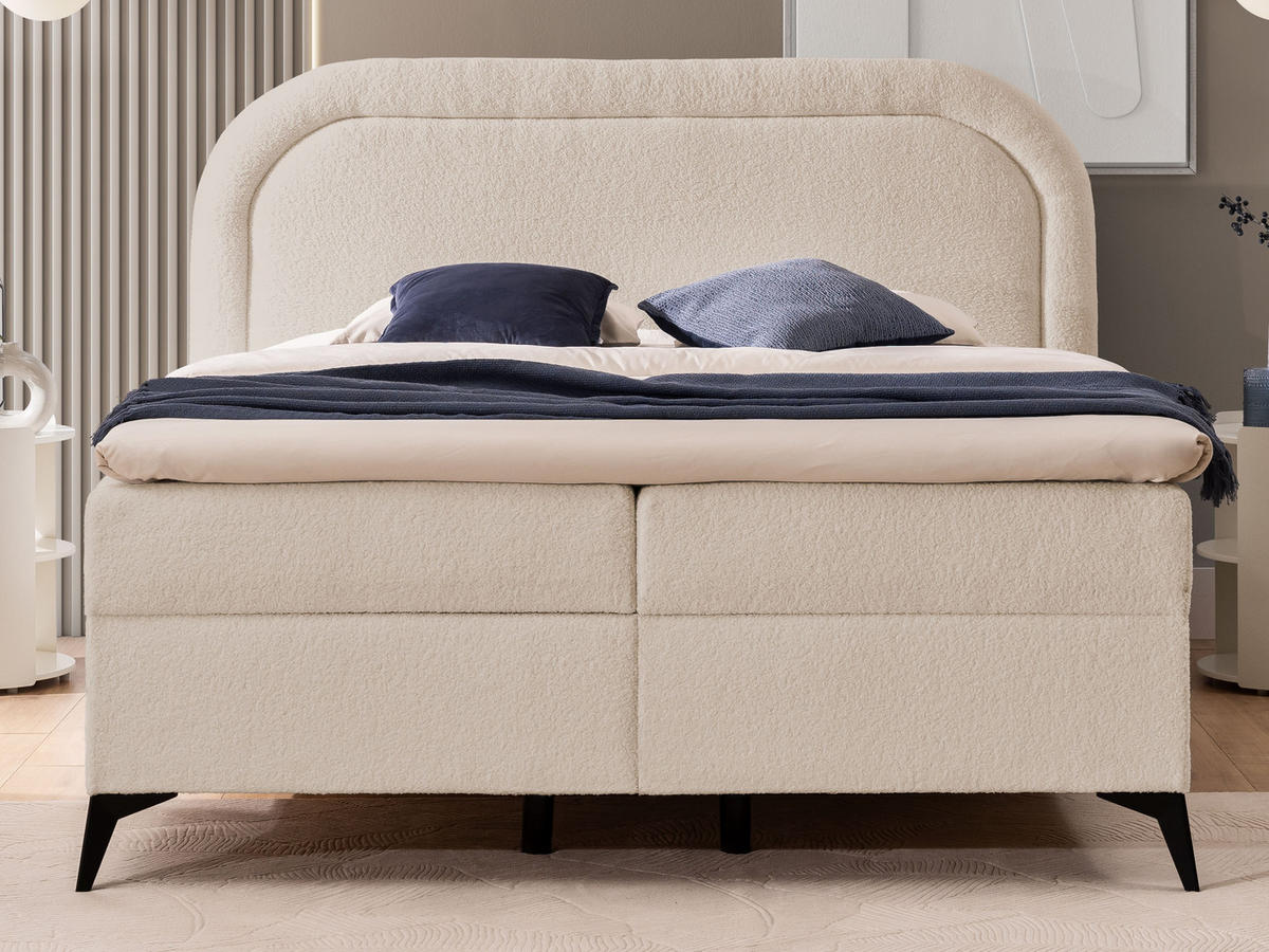 BOXBETT Sonna 160/200 cm Hellbeige Bouclé-Stoff mit abgerundetem Kopfteil und mit schwarzen Metallfüße - Beige/Schwarz, Holz/Textil (160/200cm) - S-Style Möbel