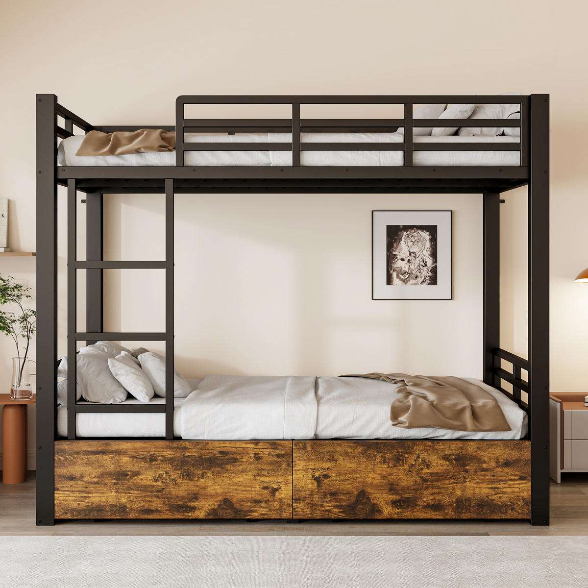 ETAGENBETT 140x200cm Metall Schubladen Sicherheitsleiter Schwarz - Schwarz, Metall (140/200cm) - FLIEKS