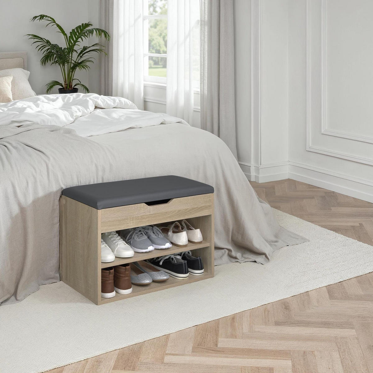 SCHUHBANK Jasmina,60 x 30 x 43,5 cm,Holz hell, Eiche Sonoma - Eiche Artisan, Holz (30/43.5/60cm) - tectake