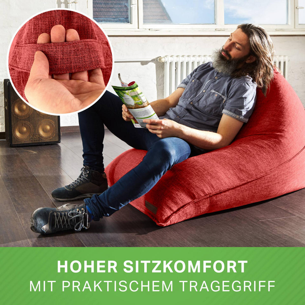 SITZSACK XXL Indoor 150x100x100cm - Rot, Textil (100/100/150cm) - Green Bean