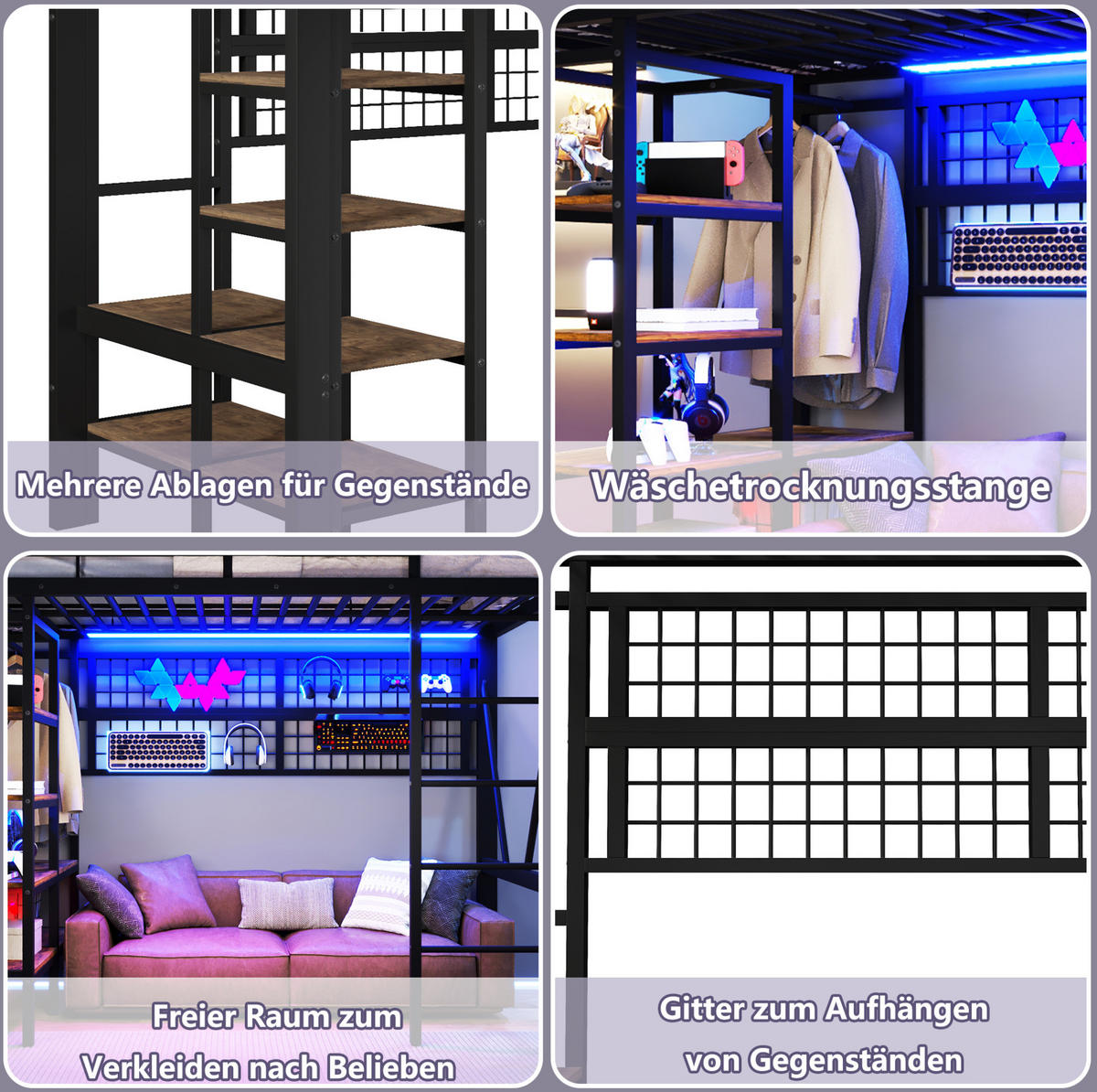 HOCHBETT 90/200 cm Schwarz mit LED und Ablagefach ohne Matratze - Schwarz, Metall (90/200cm) - MIVRAY