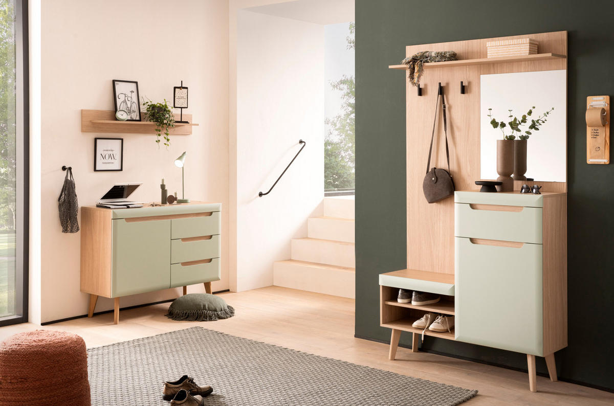 GARDEROBEN-SET 3-teilig Pistazie matt, Scandi Eiche, Garderobenkombination skandinavisch 227 x 197 cm - Eichefarben/Pastellgrün, Glas/Holz (237/200/40cm) - Furn.Design
