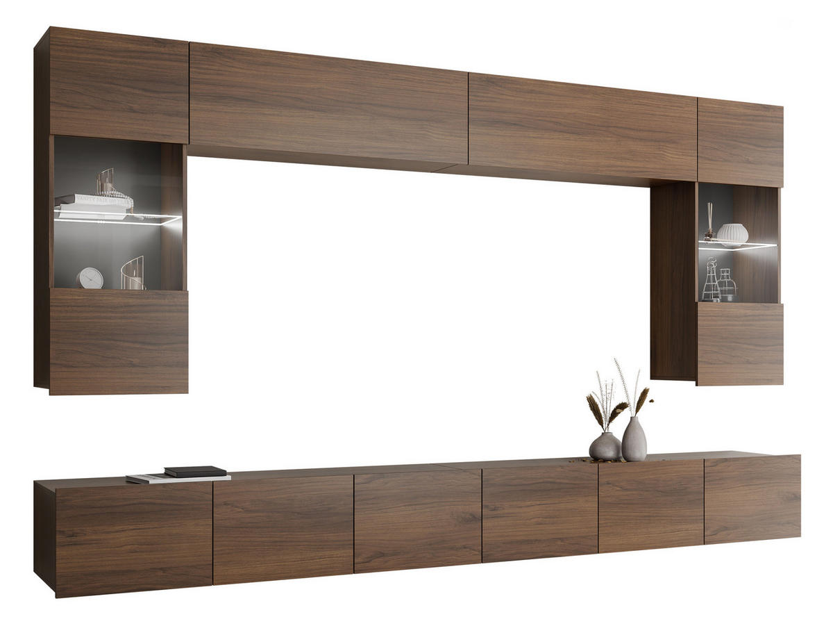 WOHNWAND Calabrini I mit weißer LED Beleuchtung - Nussbaumfarben, Holzwerkstoff (300/117/43cm) - MIRJAN24