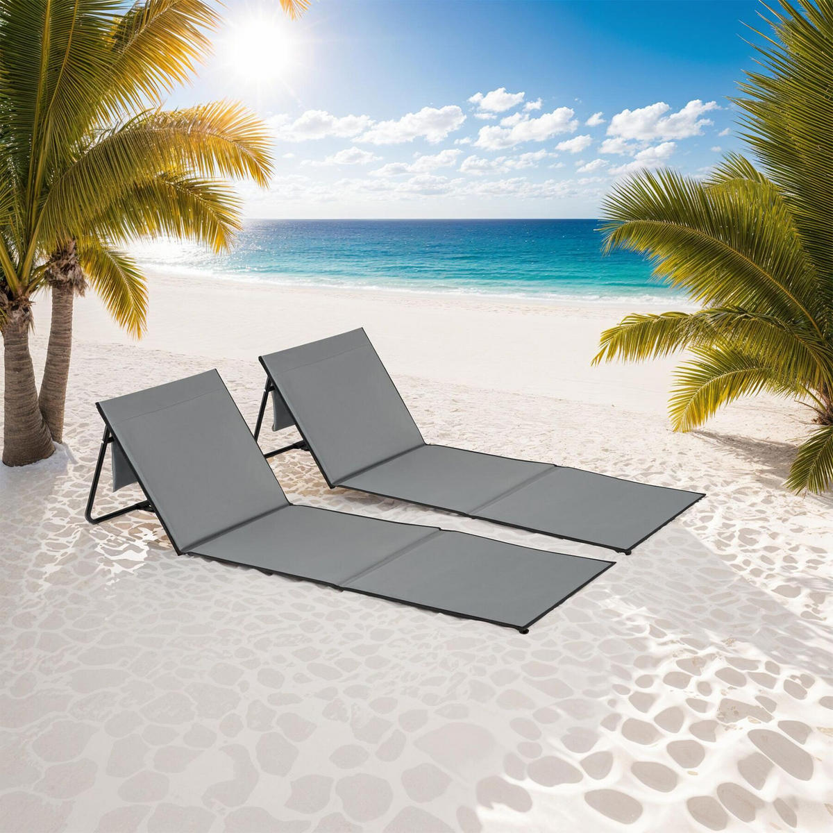STRANDMATTE 2er Set Mina,inkl. Aufbewahrungstasche,grau/blau - Blau/Grau, Kunststoff (52.5/1.7/157cm) - tectake