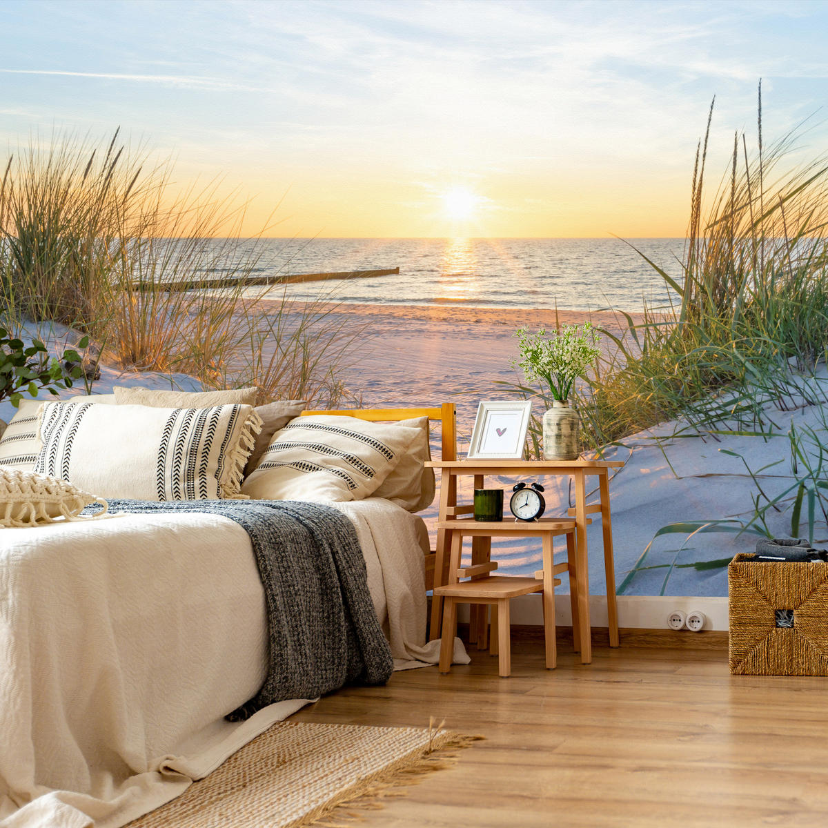 FOTOTAPETE Strand Meer Sonnenuntergang Landschaft 3D 450x315 - Blau/Gelb, Papier (450/315cm) - Muralo