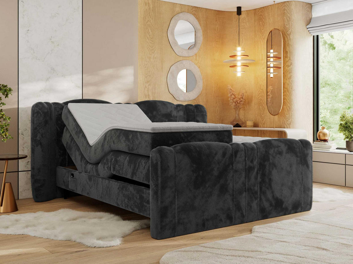 BOXBETT FORTINA 140/200 - Dunkelgrau Plüsch - H4 - Dunkelgrau, Holz/Textil (140/200cm) - MKS