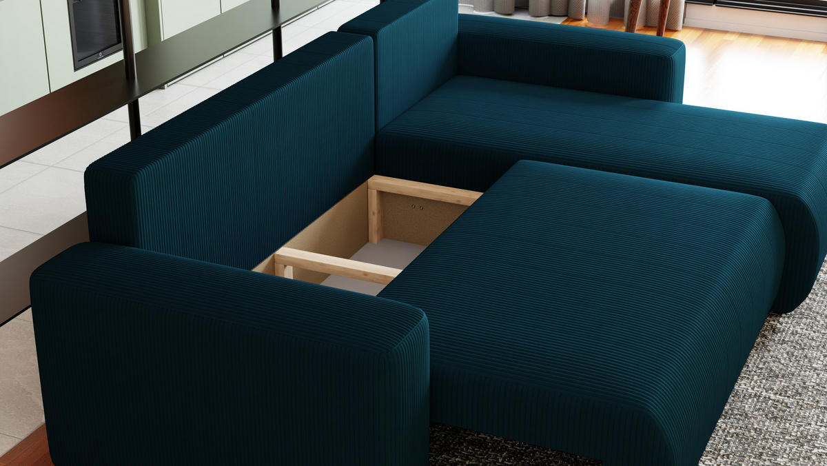 ECKSOFA Travis mit Bettkasten und Schlaffunktion, L-Form, Cord, Universal - Blau, Holzwerkstoff (248/148cm) - 4ALL HOME