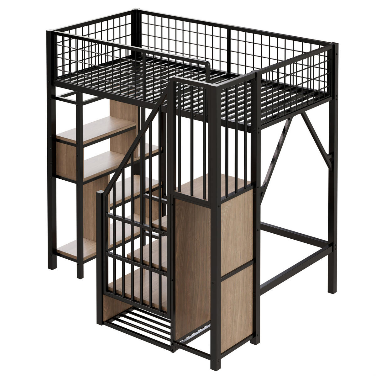 HOCHBETT 90/200 cm Schwarz aus Metall und Holzwerkstoff mit Stauraumtreppe - Schwarz, Metall (90/200cm) - OKMYHOME