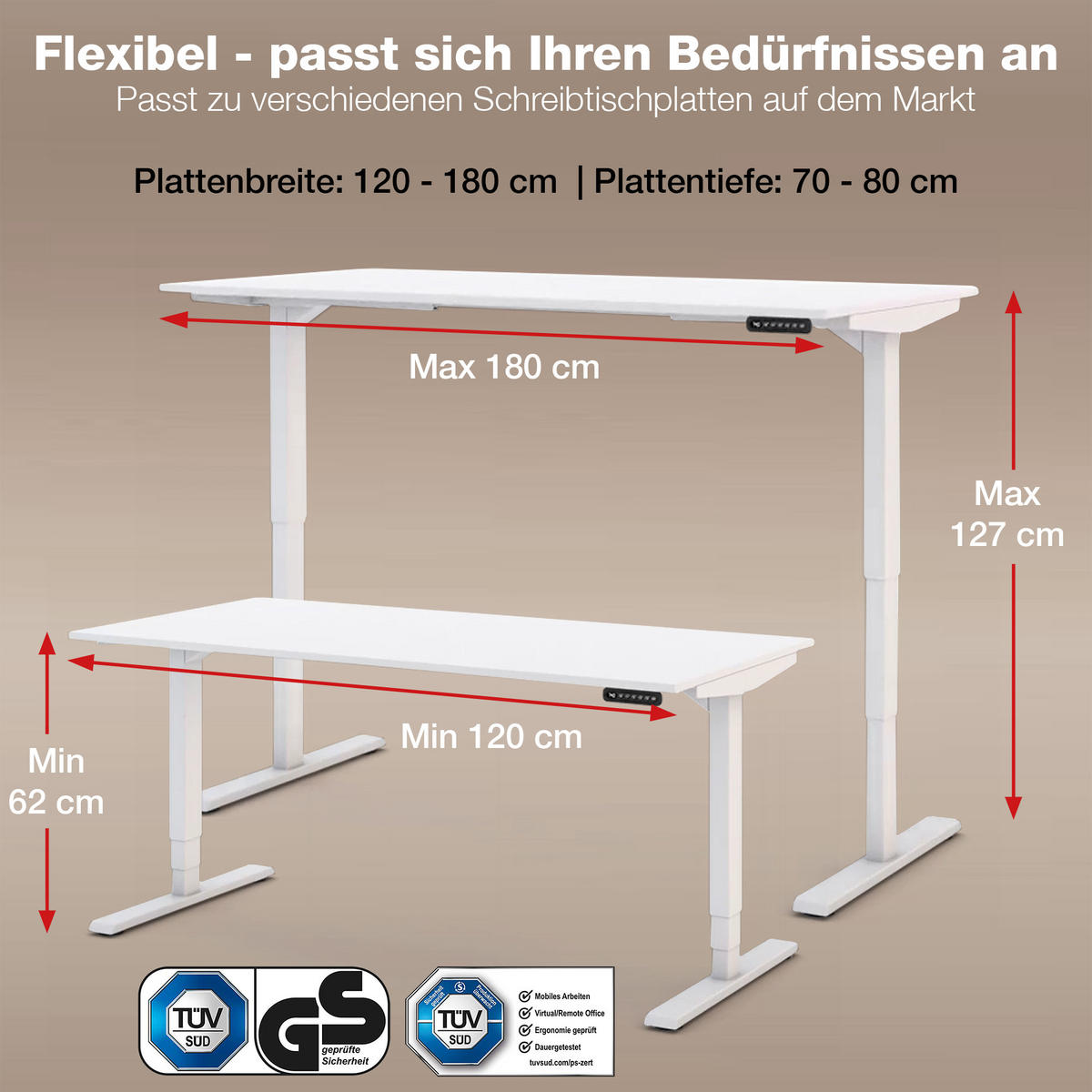 SCHREIBTISCHGESTELL Elektrisch höhenverstellbares Schreibtischgestell /62-127cm Signalweiß - Weiß, Metall (117/25/23cm) - ASSMANN