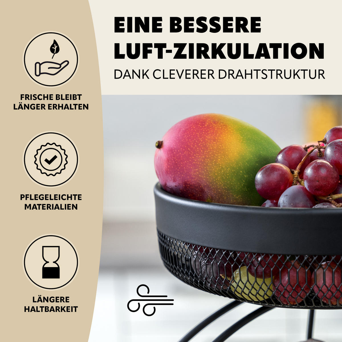 OBSTETAGERE mit Bananenhalter, schwarz, rund - Schwarz, Metall (38.5cm) - eluno