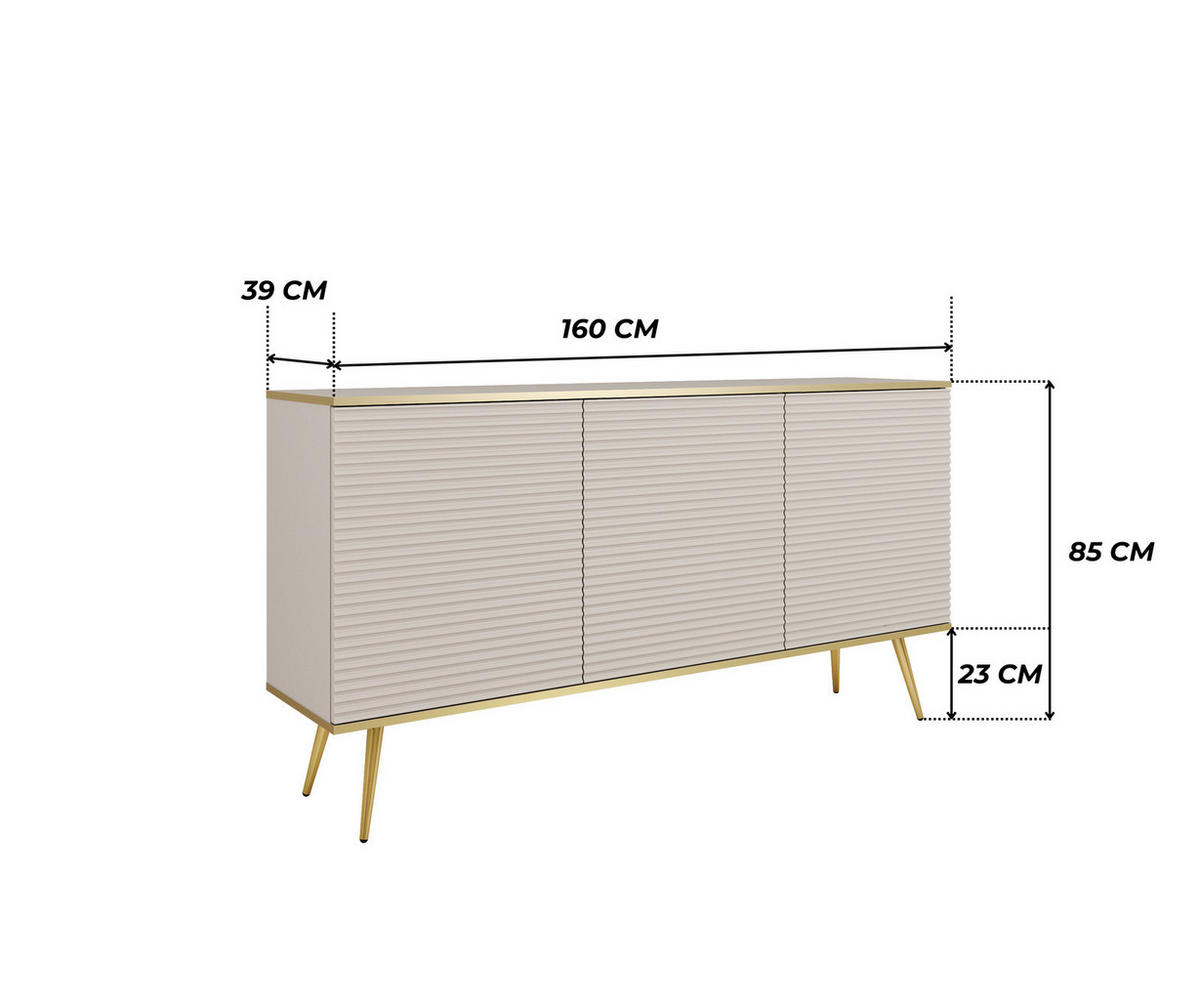 KOMMODE FORNO (Beige, Rillenfront, Goldene Details, 3 Türen, goldene Metallfüße, 160 cm) - Gelb/Beige, Holz/Holzwerkstoff (160/85/39cm) - Ravio
