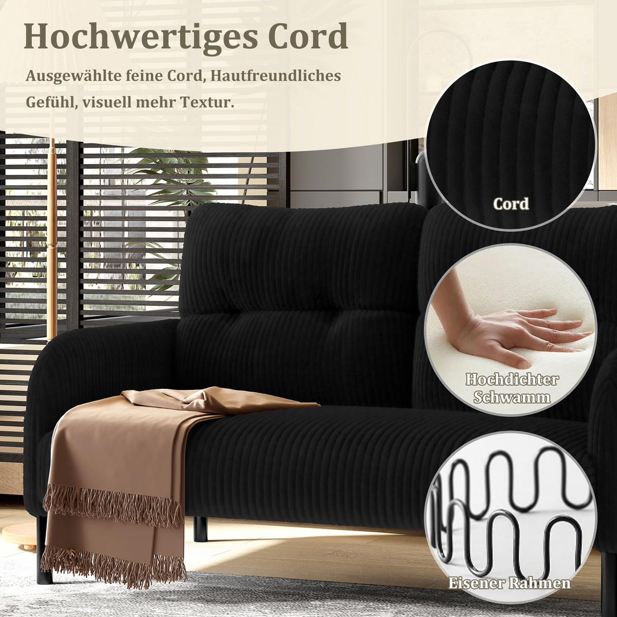 2-SITZER-SOFA Stoffcouch mit Seitentaschen,Cord,Schwarz - Grau, Textil (120/79/75cm) - LVHOM