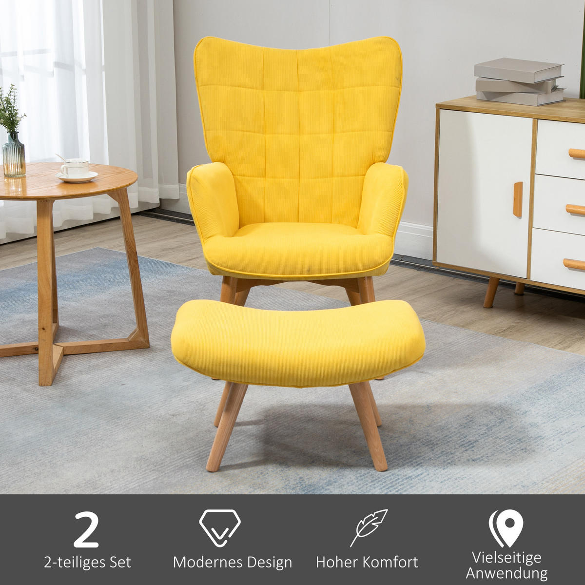 OHRENSESSEL mit Hocker, Relaxsessel, Polstersessel in Cord-Optik, mit Holzbeine - Gelb, Holz (80/101/72cm) - HOMCOM