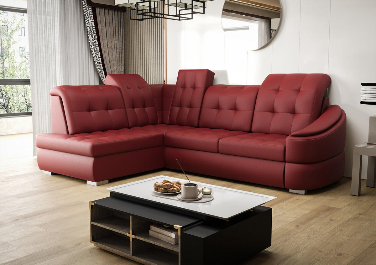 ECKSOFA KONGO RBN09, Eckcouch in L-Form mit Schlaffunktion, Farbe: Rot, Kunstleder, Ottomane Links - Rot, Textil (260/180cm) - O-Sofa