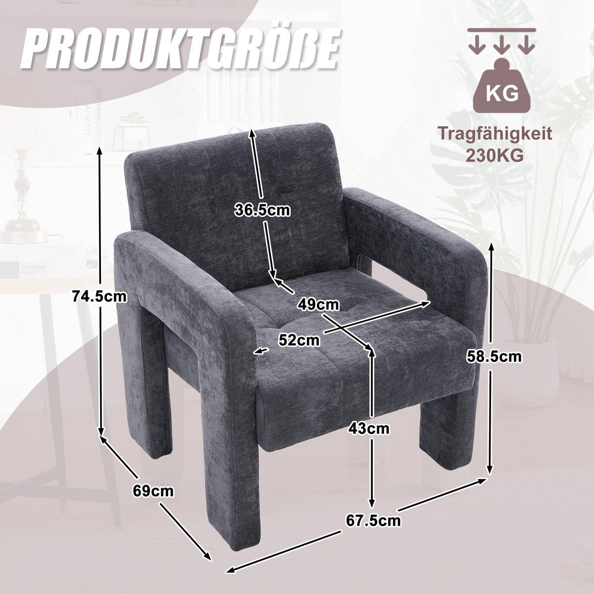 SESSEL Einzelner Sessel,dicke Polsterung,Chenille,Grau - Grau, Textil (67.5/74.5/69cm) - LVHOM