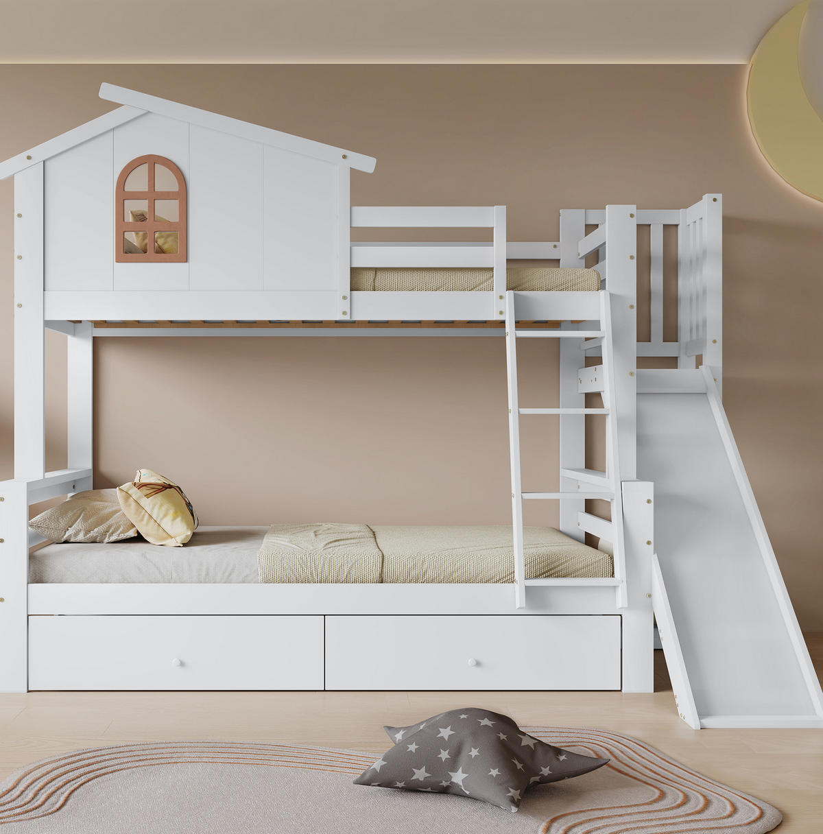 ETAGENBETT 90/200 cm weiß aus Kiefer mit Rutsche und Schubladen - Weiß, Holz (90/200cm) - OKWISH
