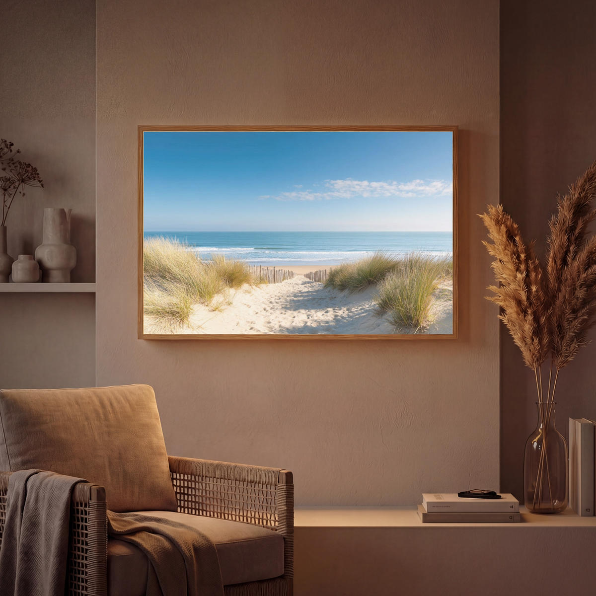 NÁSTĚNNÁ LAMPA S AKUMULÁTOREM Pláž - moře - duny - písek - léto 90x60 cm - písková barva, kompozitní dřevo (90/60/8cm) - OnlyWow