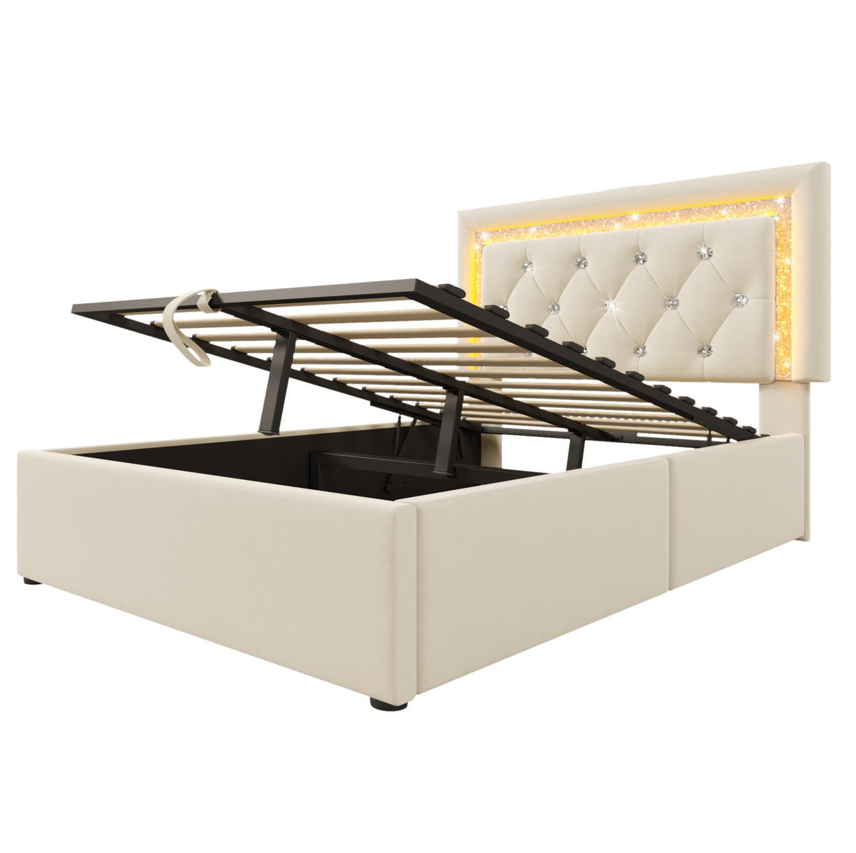 POLSTERBETT 90/200 cm Beige aus Samt mit LED, USB-Ladestation und Bettkasten - Beige, Textil (90/200cm) - OKMYHOME