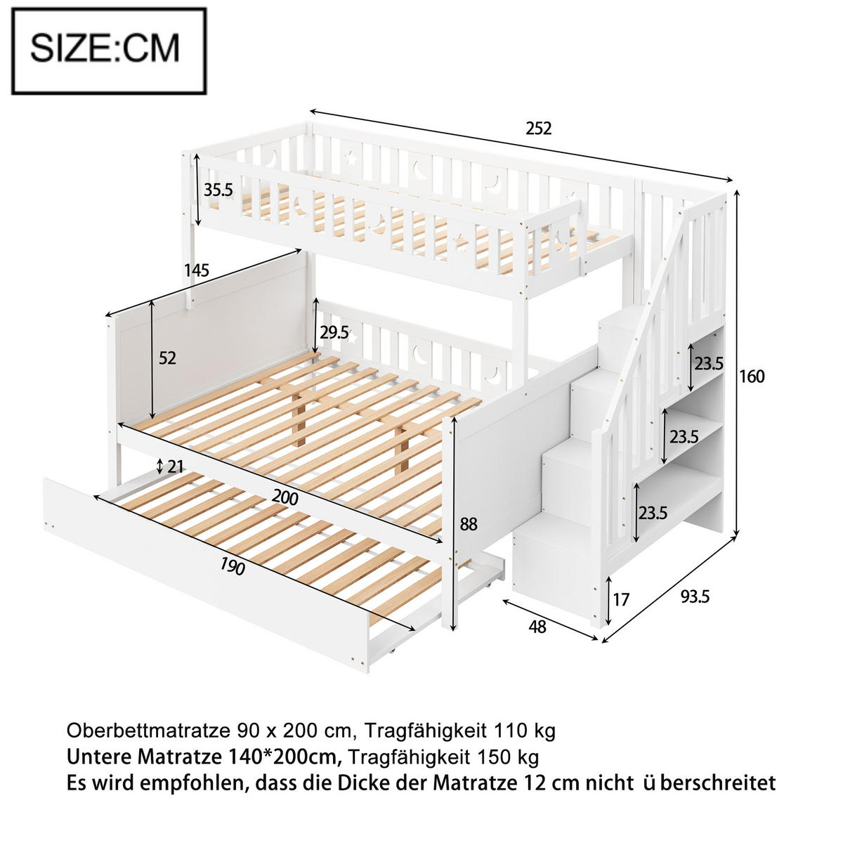 ETAGENBETT 90/200 cm & 140/200 cm in Weiß mit Rollbett und Regal - Weiß, Holz/Holzwerkstoff (90/200cm) - WISHDOR