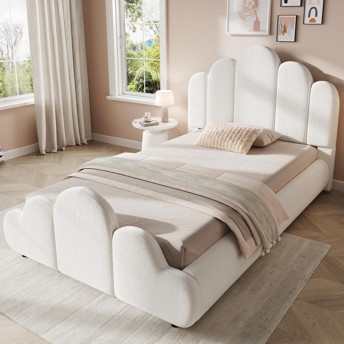 POLSTERBETT 90/200 mit gepolstertem Kopfteil und Bouclé in Beige - Beige, Holzwerkstoff/Textil (90/200cm) - EVRYAE