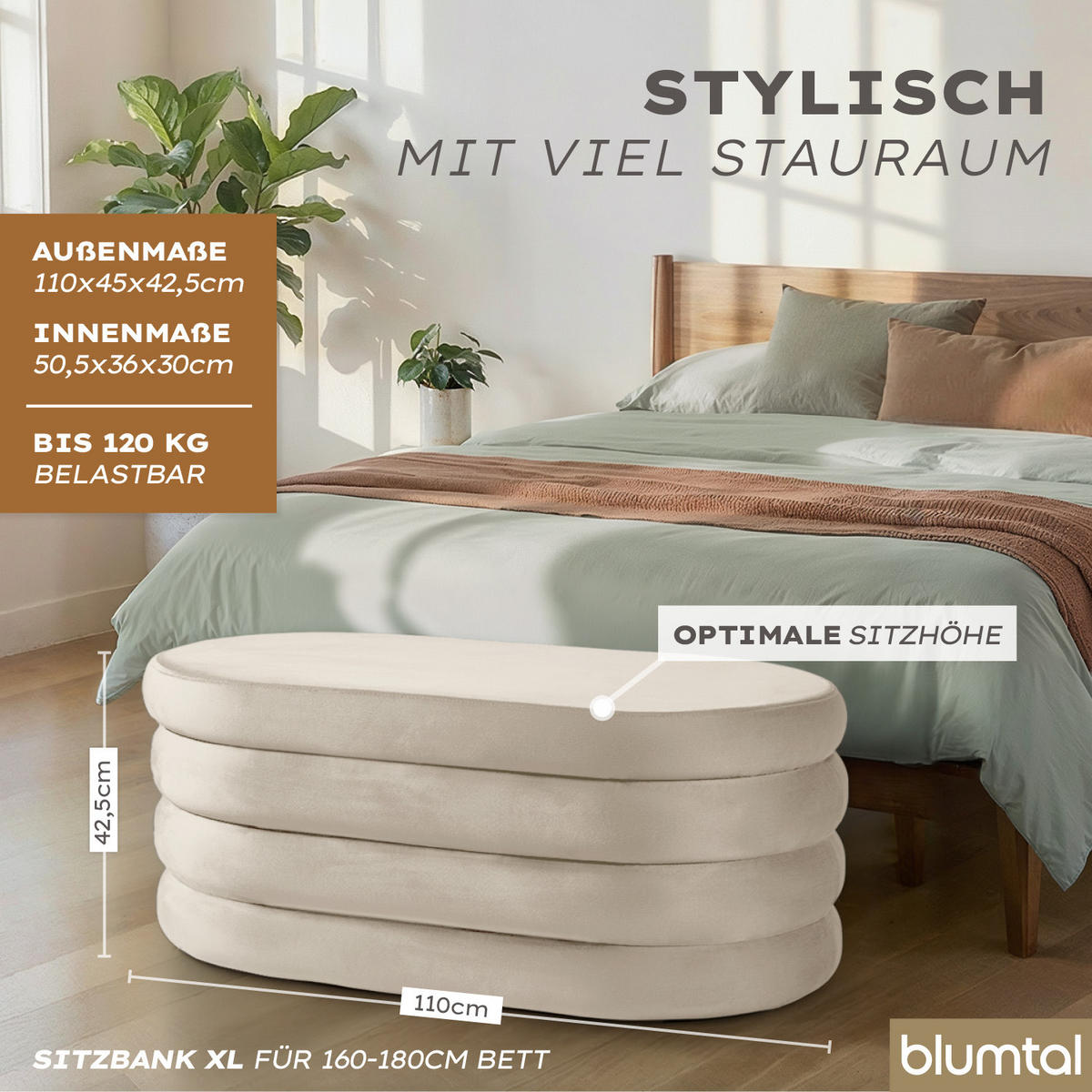 XL Sitzbank mit Stauraum Oval – Samt Truhenbank Creme - Beige, Textil (45/42.5/110cm) - Blumtal