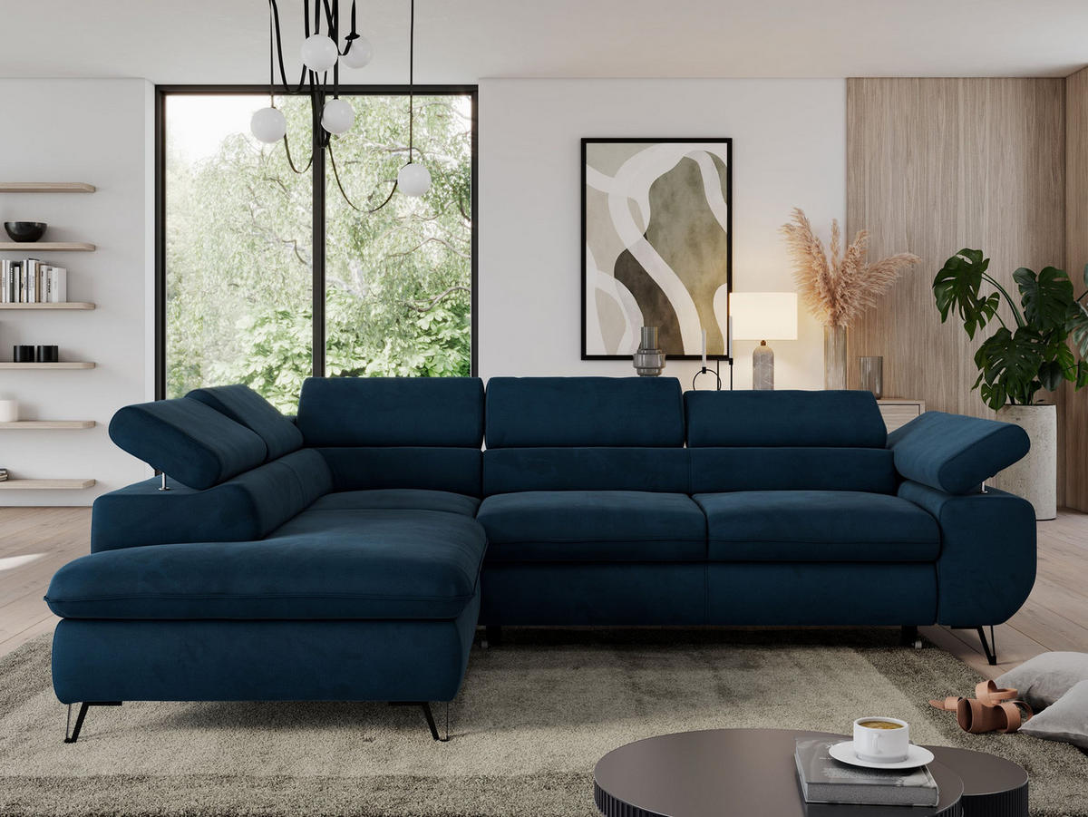 ECKSOFA PEDRO L Dunkelblau Velvet - Links Seite - Schwarz/Dunkelblau, Textil/Metall (208/273cm) - MKS