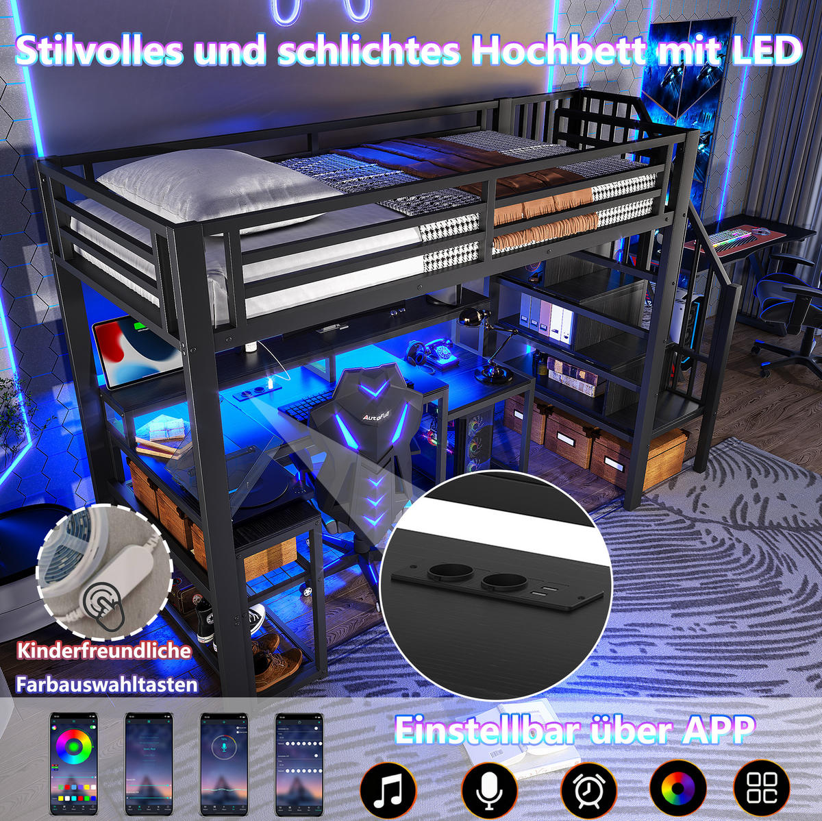 HOCHBETT 90/200 cm schwarz aus Metall und MDF mit LED USB und Schreibtisch - Schwarz, Metall (90/200cm) - OKWISH