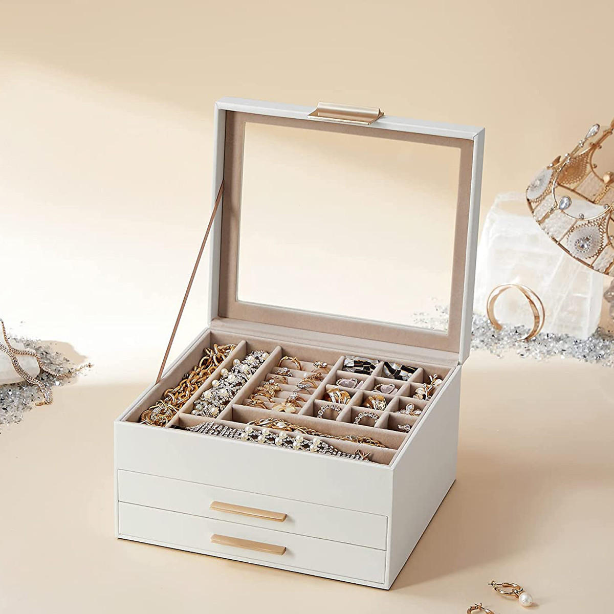 SCHMUCKSCHATULLE auf 3 Ebenen mit Glasdeckel und 2 Schubladen - L23,1 cm - Weiß, Holzwerkstoff (20.3/13.5/23.1cm) - Calicosy