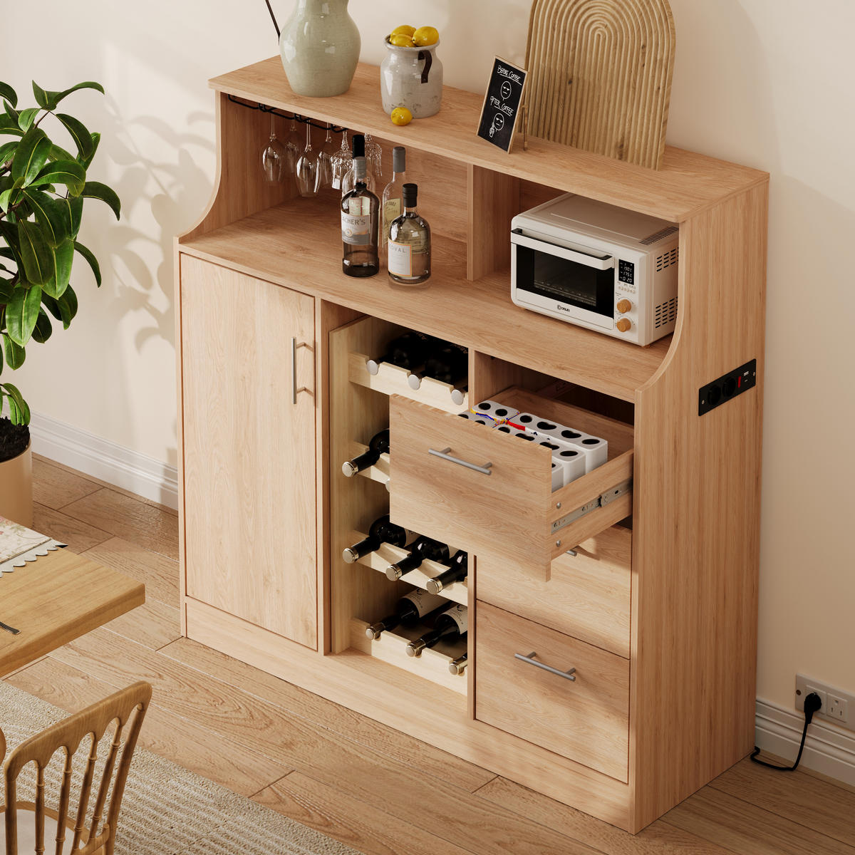 HIGHBOARD 120/40/121 cm mit Weinregal, LED & Steckdose in Natur/Weiß - Weiß, Holzwerkstoff (120/121/40cm) - BEAOK