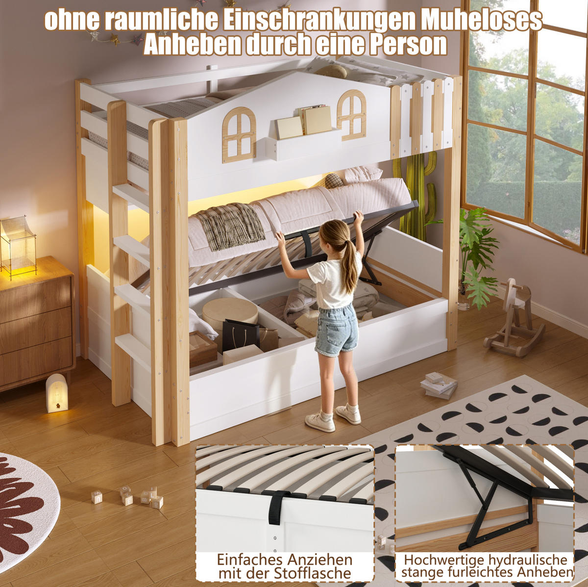 ETAGENBETT 90/200 cm aus Kiefer und MDF mit LED, Weiß/Natur - Eichefarben, Holzwerkstoff (90/200cm) - OKMYHOME