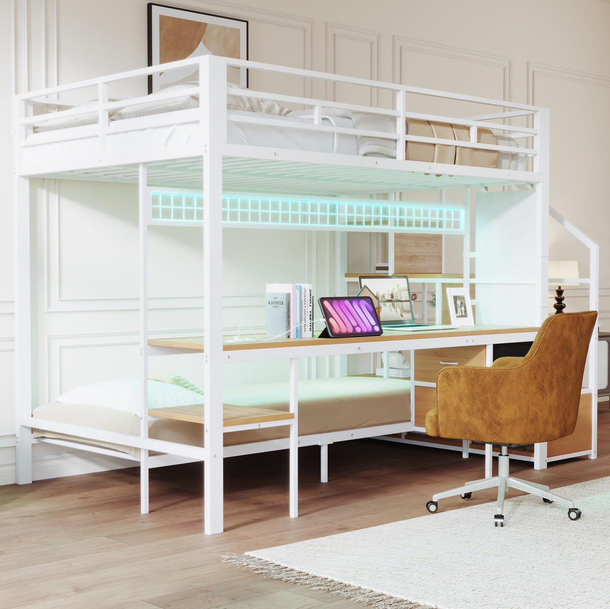HOCHBETT aus Metall und MDF 140x200/90x200 cm Weiß mit Schreibtisch, LED und Steckdosen - Weiß, Metall (160/200cm) - IVMEU