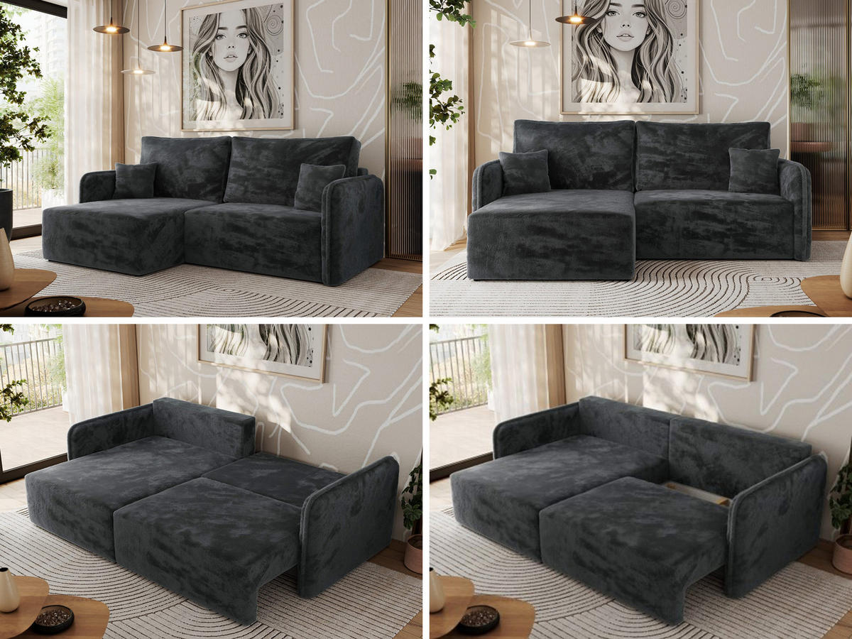 ECKSCHLAFSOFA MESTO L Dunkelgrau Plüsch - links - Dunkelgrau/Schwarz, Kunststoff/Textil (227/147cm) - MKS