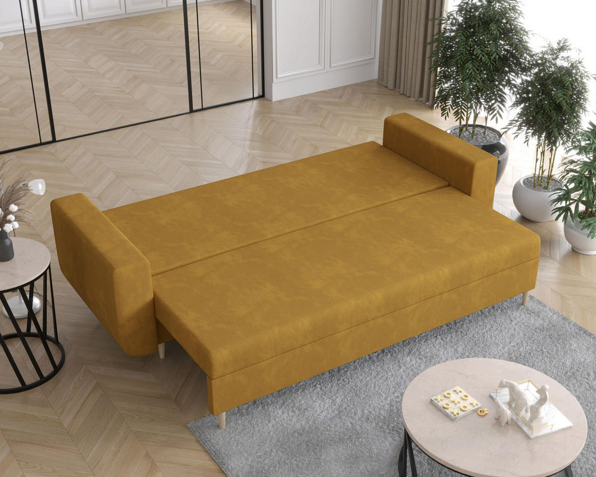 SOFA DELFIN mit Schlaffunktion ITAKA 33 Sofa mit Stauraum - Currygelb, Textil (90/88/240cm) - Bedante