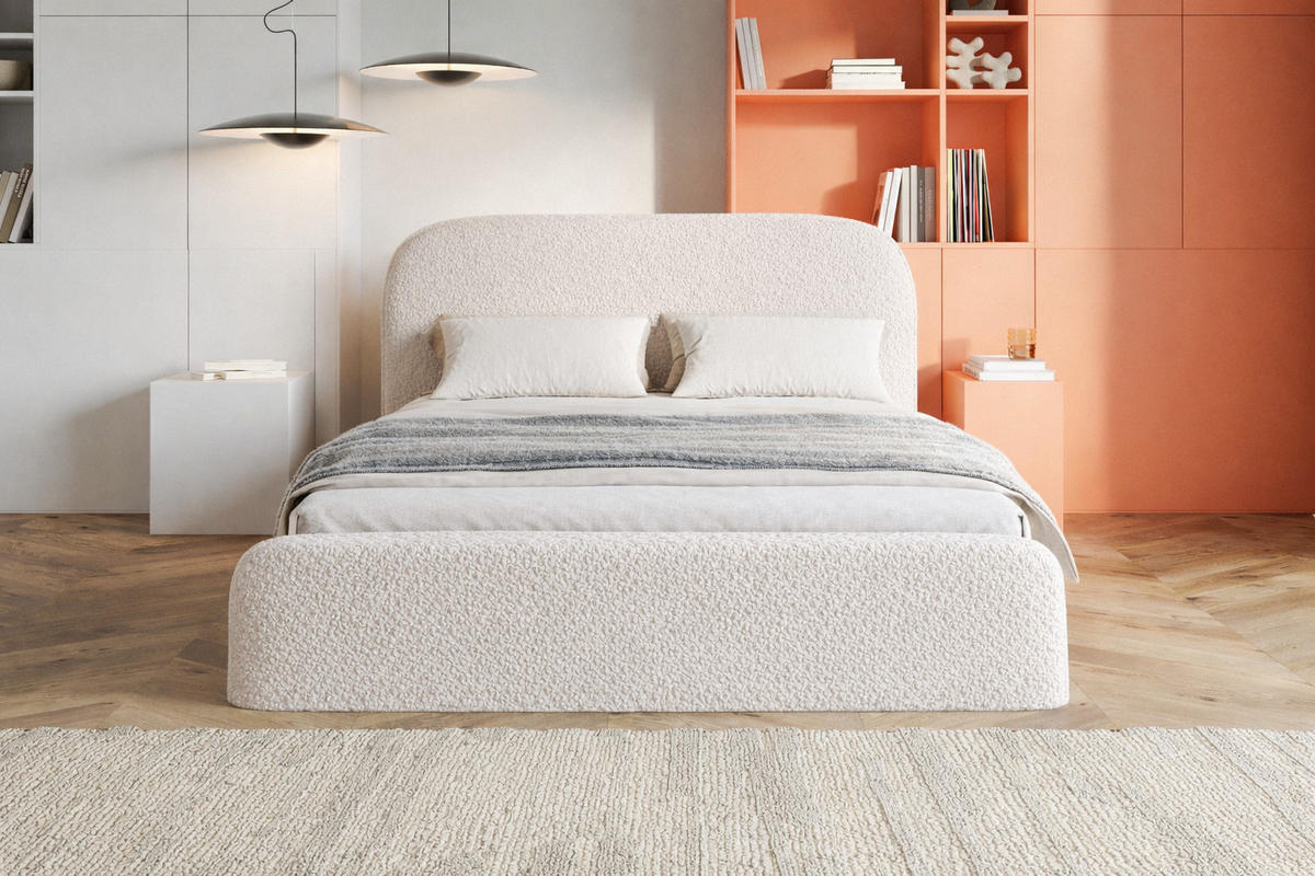 DOPPELBETT 180x200 Wendra Slim mit Lattenrost, Bettkasten, Boucle, Creme - Creme, Holz/Textil (180/200cm) - Emporius