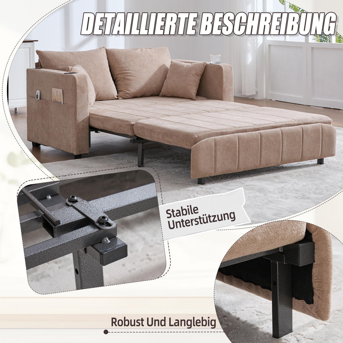 SCHLAFSOFA klappbar mit USB und Getränkehaltern, Khaki - Sandfarben, Textil (139/83/73cm)