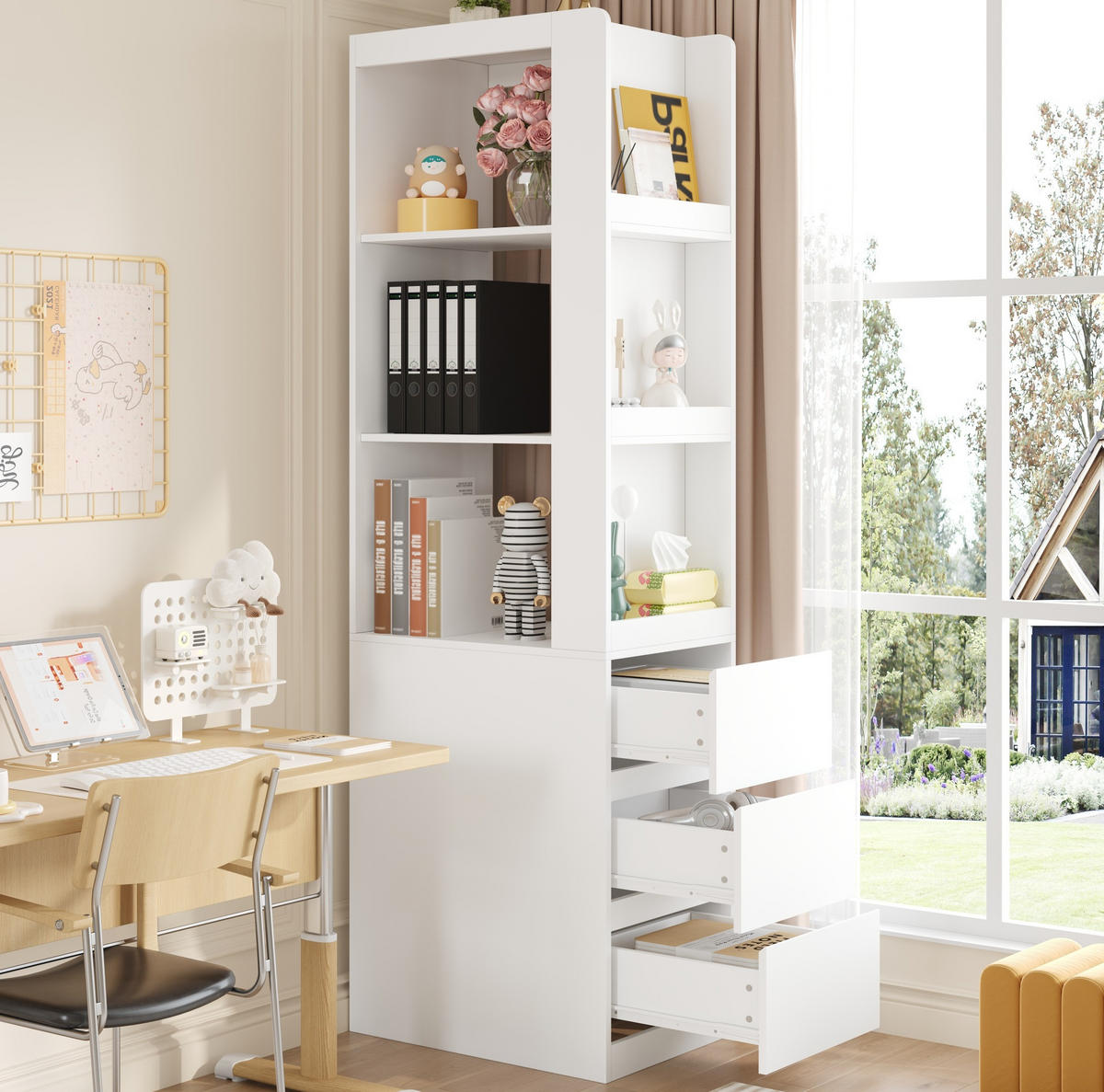 HOCHSCHRANK aus Spanplatte 60x40x200cm in Weiß mit 3 Fächern & 3 Schubladen - Weiß, Holzwerkstoff (60/200/40cm) - Modfu