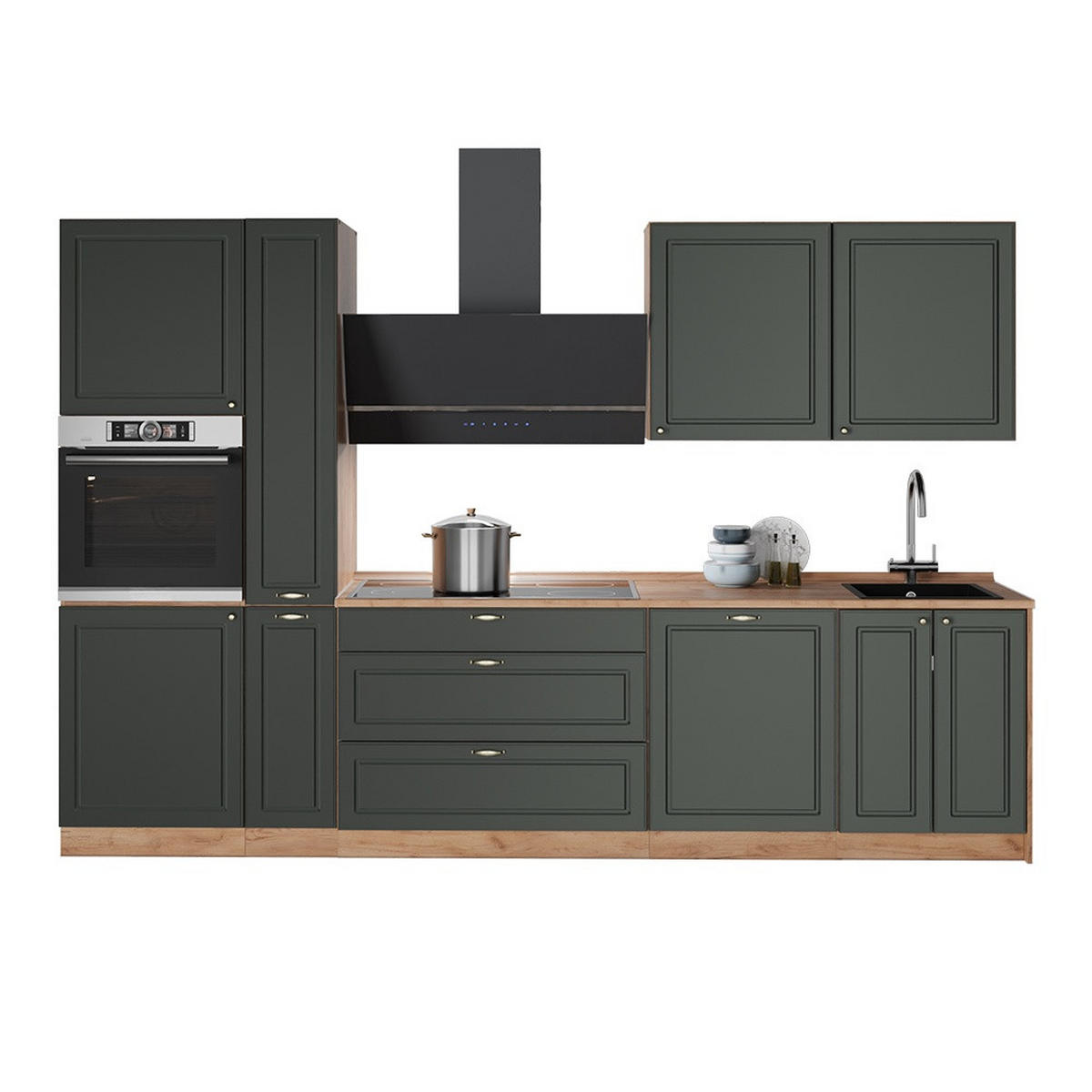 KÜCHENZEILE Fame-Line, Grün-Gold Landhaus/Goldkraft Eiche, 310 cm, AP Marmor - Honigeiche/Grün, Holzwerkstoff (310/206.8/60cm) - Vicco