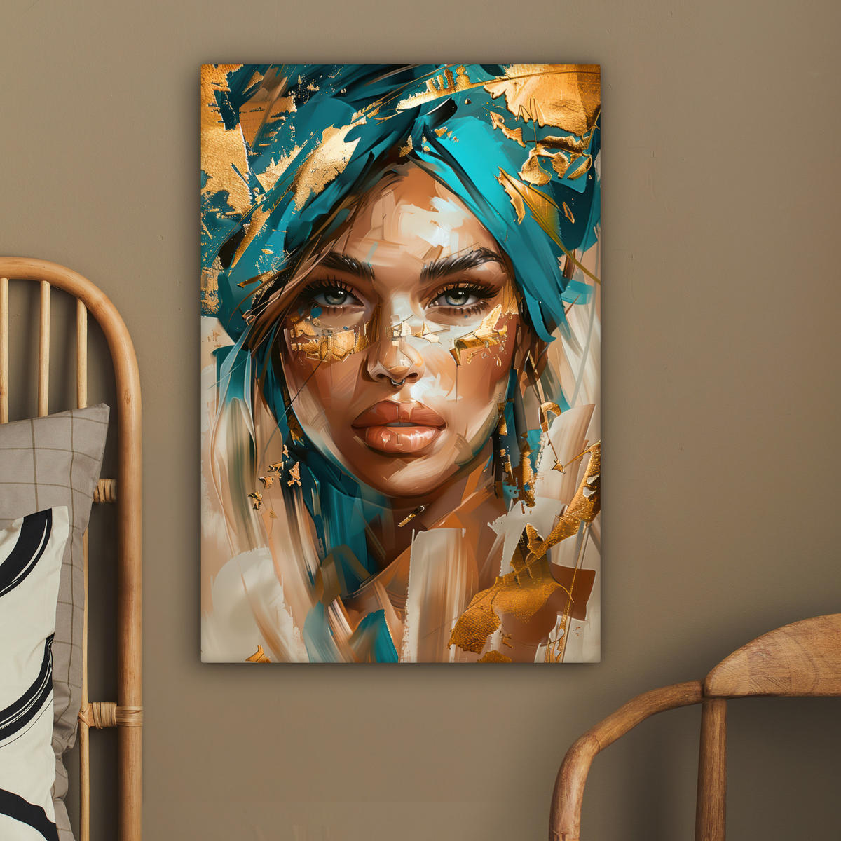 LEINWANDBILD - Frau - Porträt - Gold - Luxus - Blau - 40x60 - Deko Schlafzimmer - Türkis, Textil (40/60cm) - MuchoWow