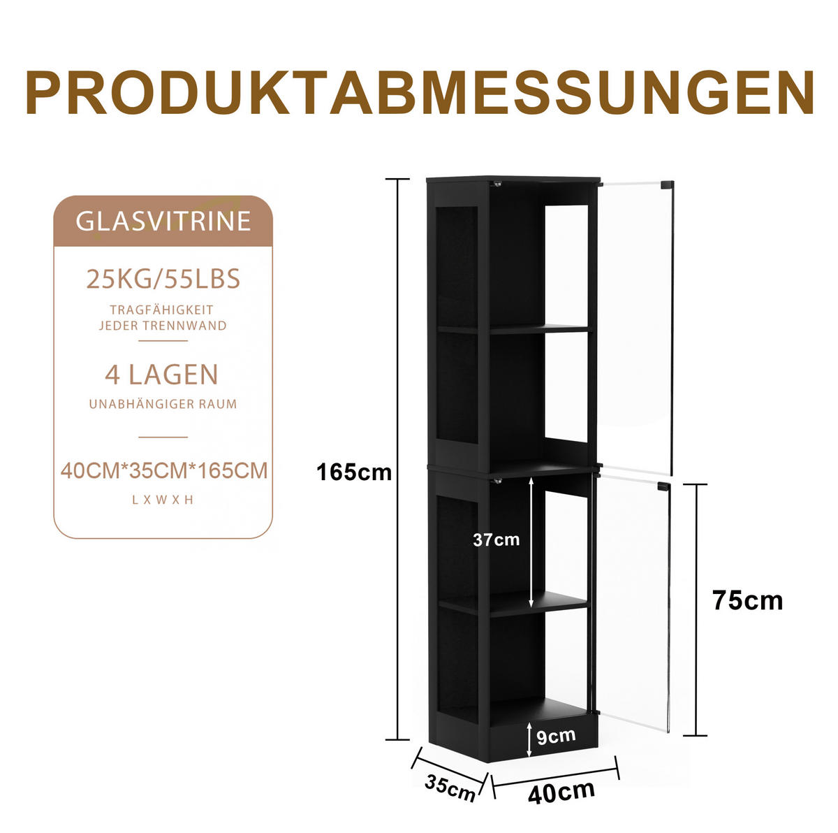VITRINE aus ABS 40x35x165 cm Akazienholzoptik mit LED-Beleuchtung, Glastüren und Bewegungssensor - Naturfarben, Kunststoff (40/165/35cm) - Modfu