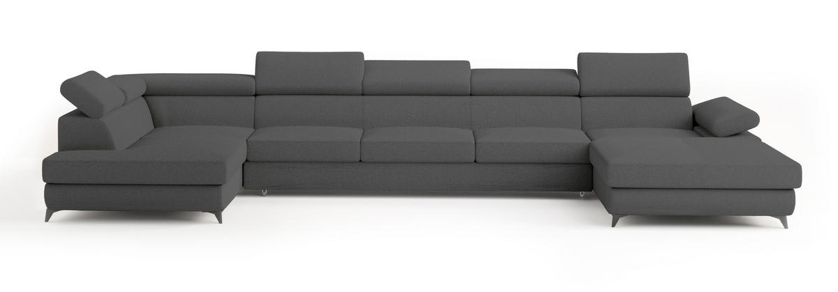 WOHNLANDSCHAFT MONTIVA Grau Boucle-Stoff mit Schlaffunktion - Grau, Holz (410/89/190cm) - MASSENO