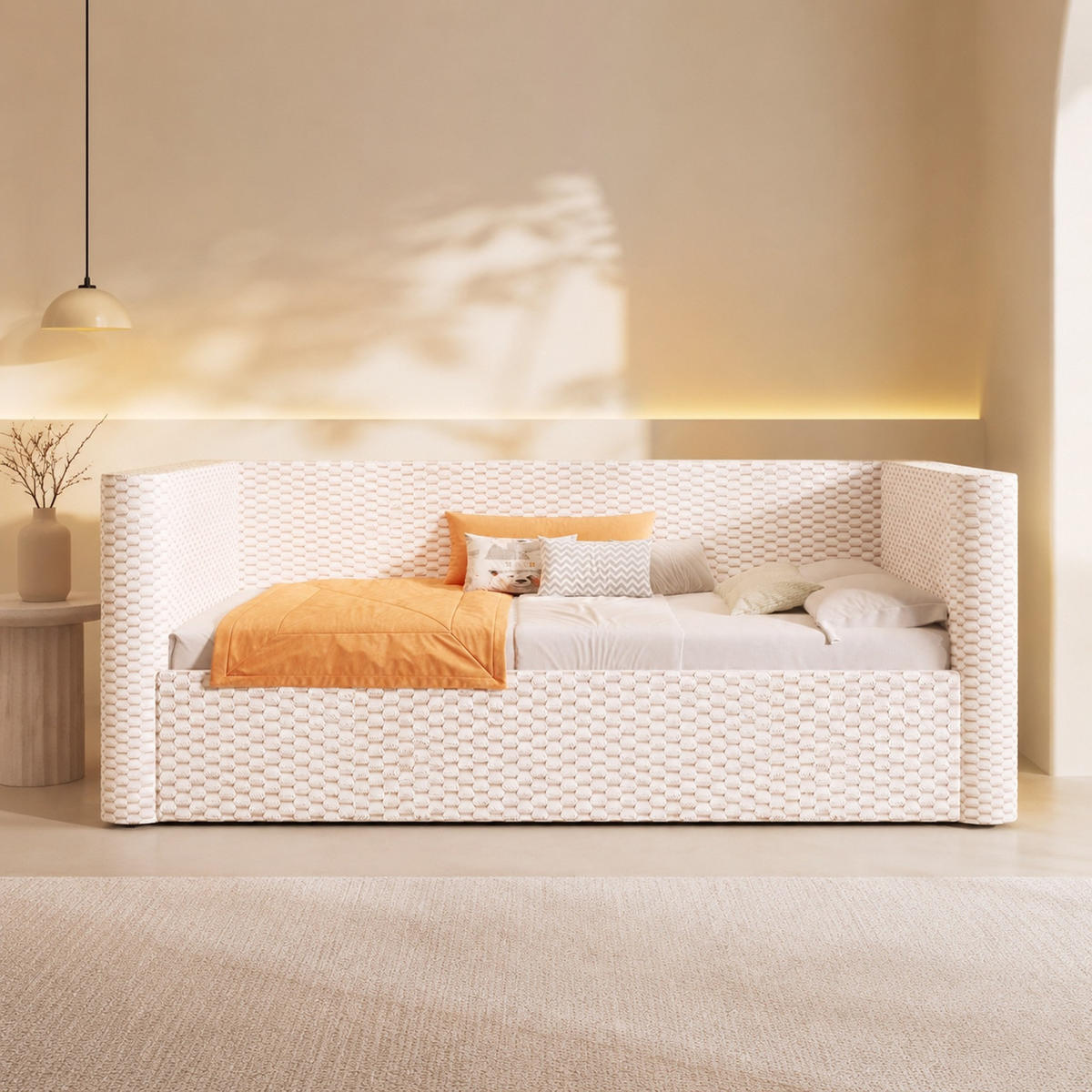 POLSTERBETT 90/200 mit Bettkasten und LED-Beleuchtung in Beige - Beige, Holzwerkstoff/Textil (90/200cm) - EVRYAE
