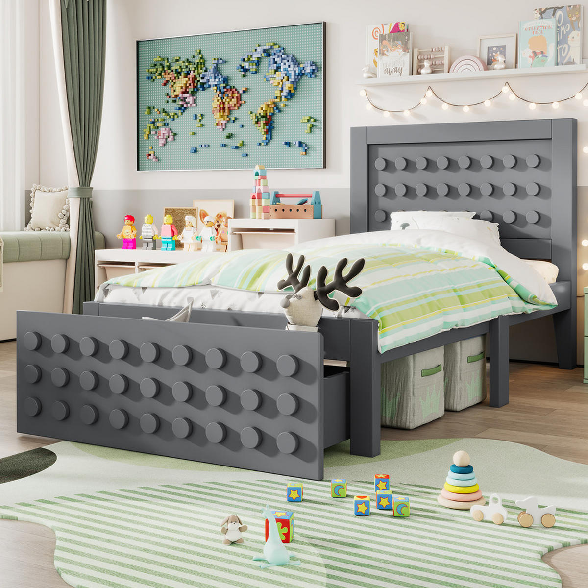 EINZELBETT 90 200 cm aus Massivholz mit Schubladen und Stauraum - Grau, Holz (90/200cm) - FLIEKS