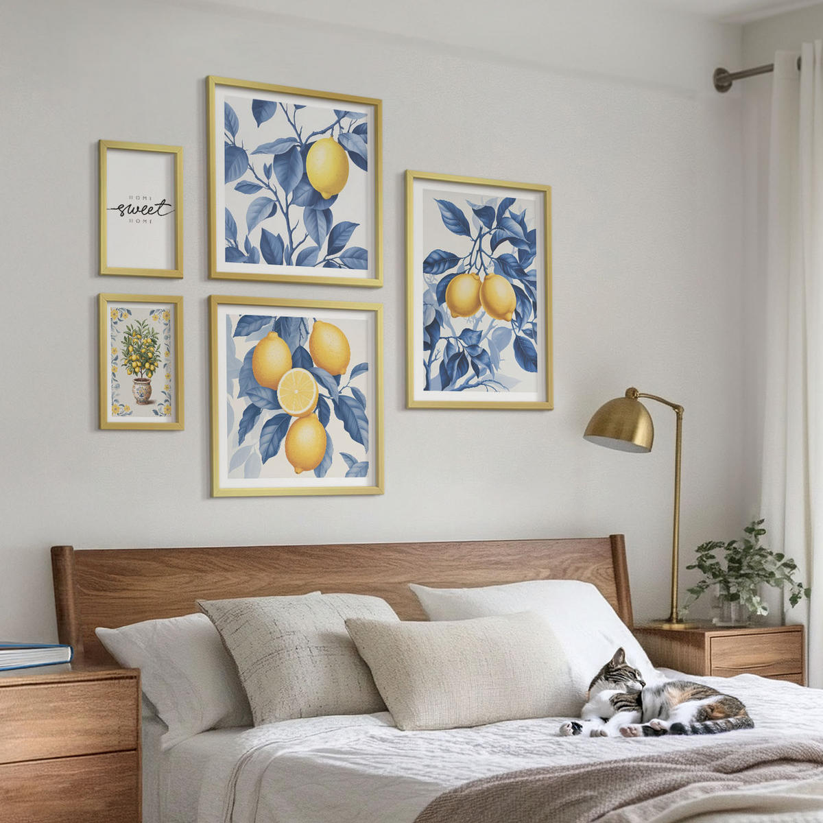 WANDBILDER 5er Set - 50x50 cm & 20x30 cm & 40x60 cm Goldrahmen - Zitronenzweige mit blauen Blättern - Goldfarben, Kunststoff (40/60cm) - ArtPrintCave