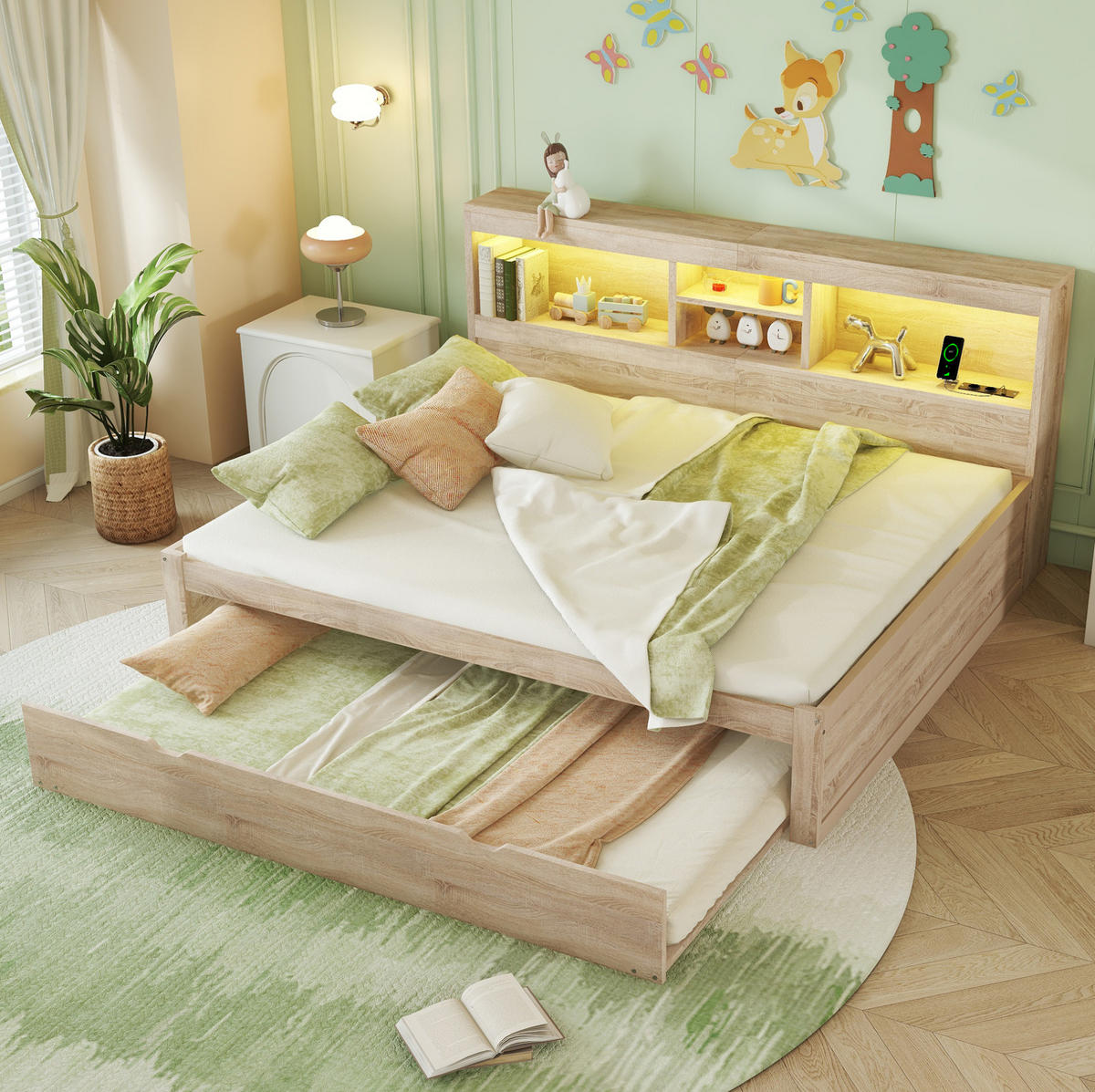 POLSTERBETT aus Spanplatte & MDF 140x200 cm in Natur mit LED & Ausziehbett - Naturfarben, Holzwerkstoff (140/200cm) - Modfu